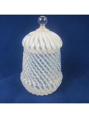 Antique Northwood Chrysanthemum Swirl Opalescent White Glass Jar with Lid RARE
